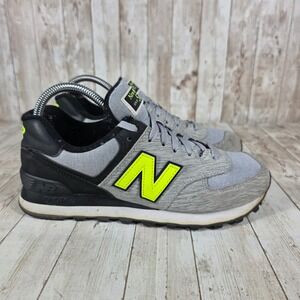 New Balance 574 Gray Neon Yellow Black Sneakers Women's Size 8 Casual Shoes